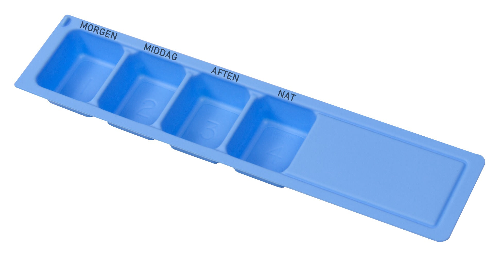 Blå Wiegand medicindoseringsboks med fire rum til daglig dosering – morgen, middag, aften og nat – tydeligt mærket og nummereret
