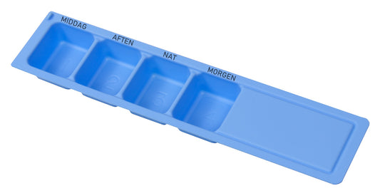 Blå Wiegand medicindoseringsboks med fire rum til daglig dosering – , middag, aften, nat og morgen – tydeligt mærket og nummereret