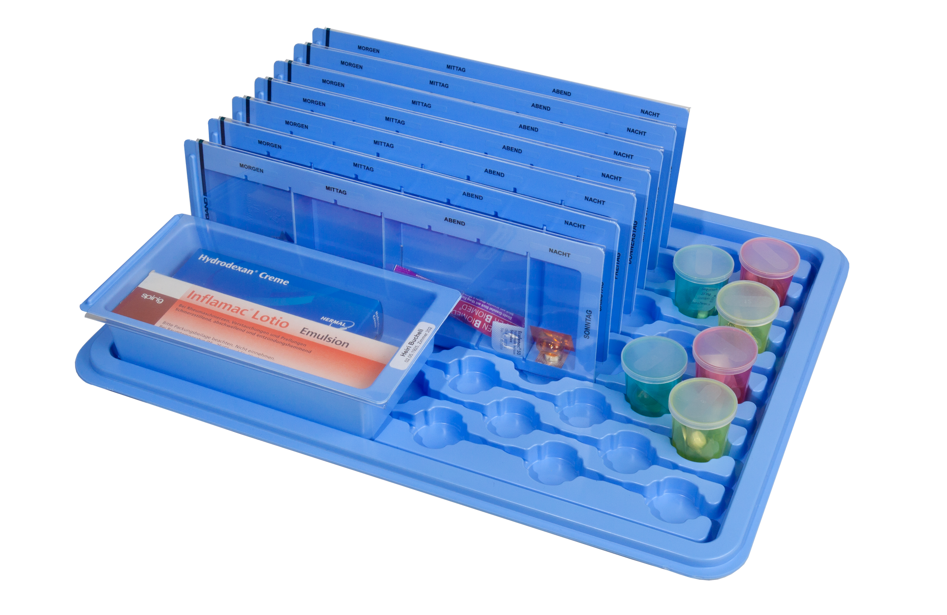 medicinbakke, doseringsbægre, Wiegand medicinsystem, medicinopbevaring, etiketholdere, medicindispenser, medicinvogn kompatibel