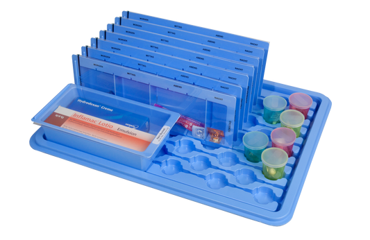 medicinbakke, doseringsbægre, Wiegand medicinsystem, medicinopbevaring, etiketholdere, medicindispenser, medicinvogn kompatibel