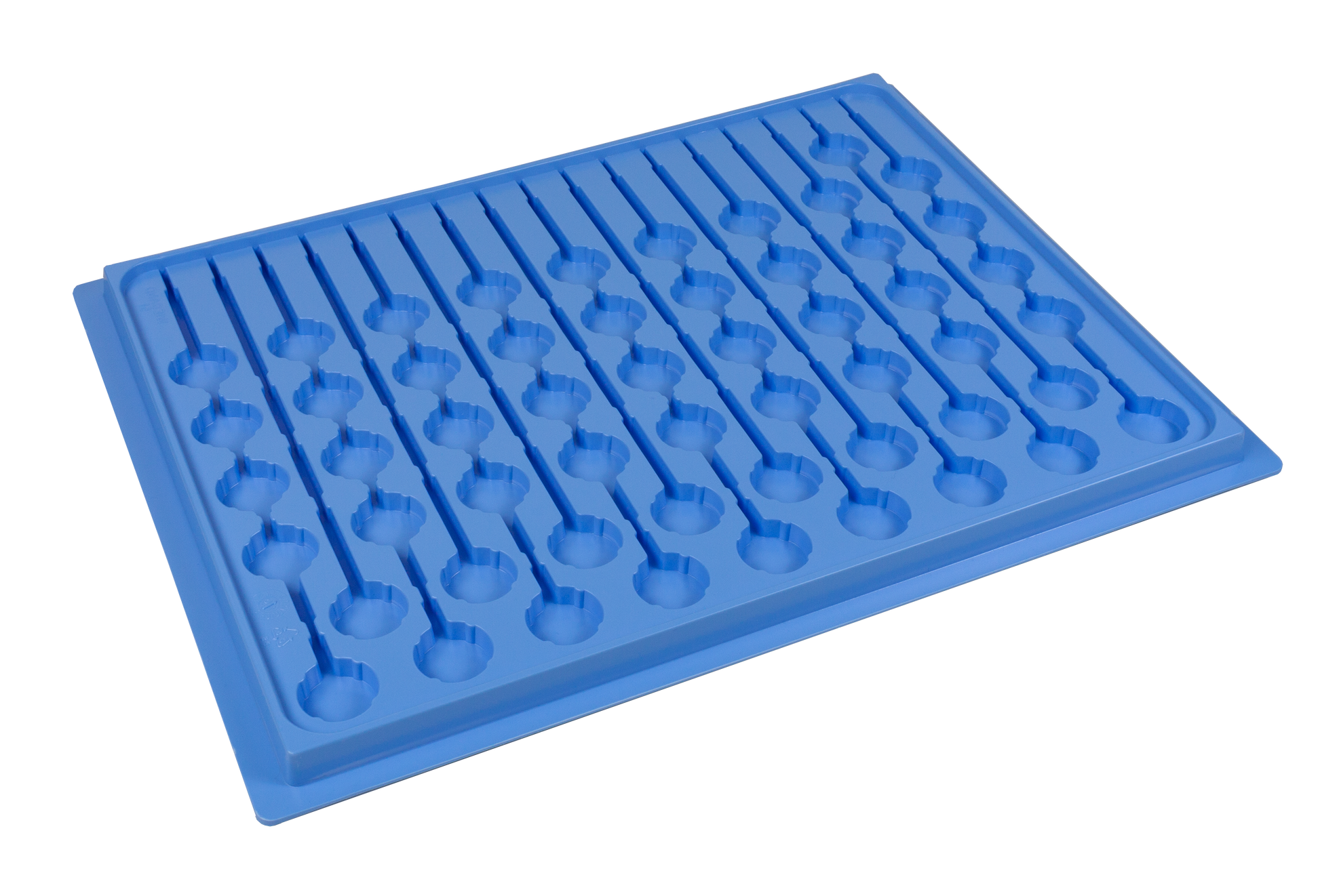 Robust Wiegand medicinbakke med rillede sektioner og runde fordybninger til sikker opbevaring af MediCups og dispensere. Perfekt til struktureret medicinhåndtering i plejehjem, hospitaler og hjemmepleje. Kompatibel med Wiegand medicinsystemer og stabelbar for nem transport.