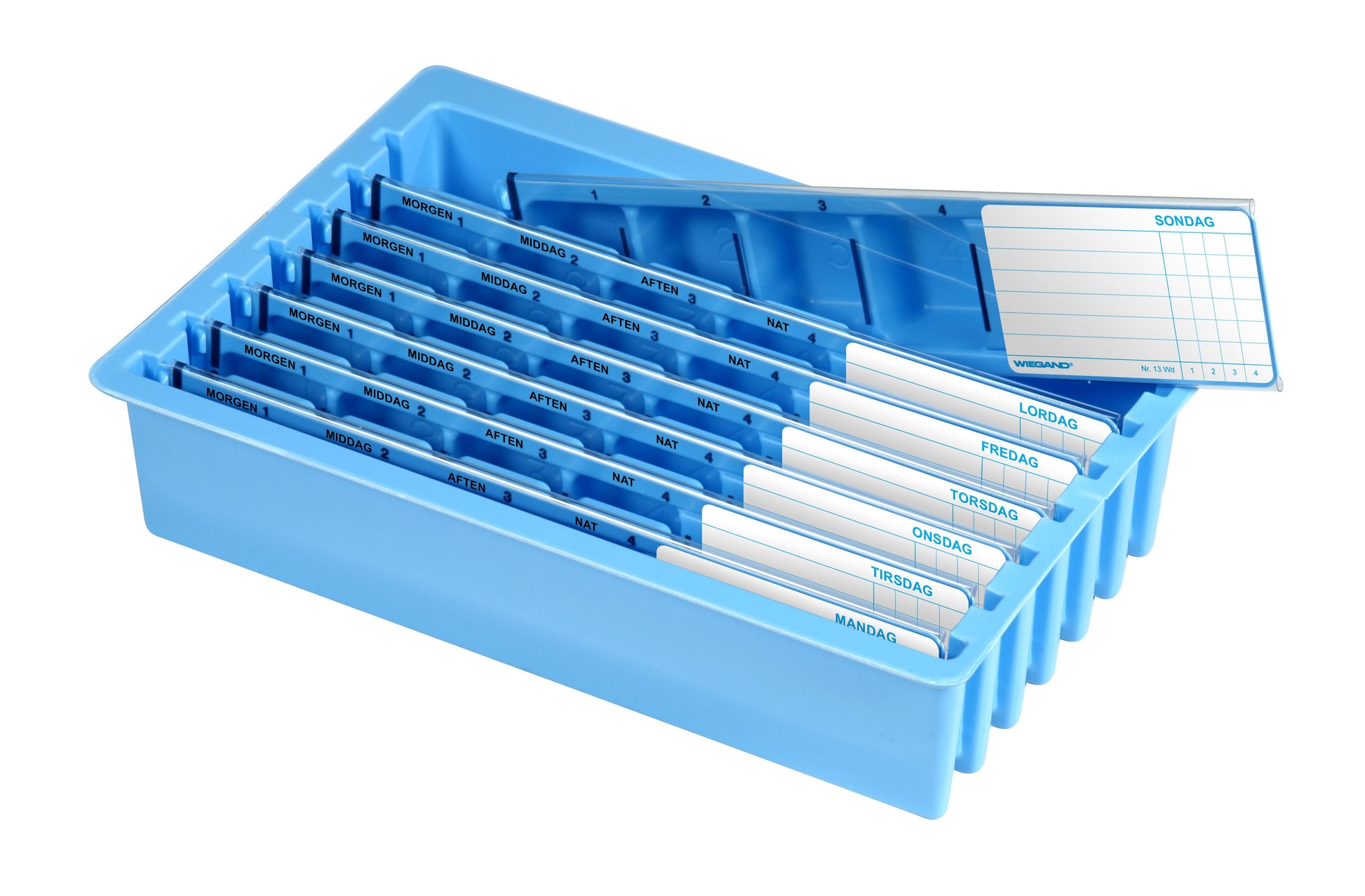 Praktisk medicindoseringsæske fra Wiegand med 7 nummererede rum og 4 daglige doseringer: morgen, middag, aften og nat. Perfekt til ugeplanlægning af medicin i hjemmepleje og institutioner. Gennemsigtige låg og tydelig mærkning sikrer nem og sikker brug.