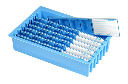 Praktisk medicindoseringsæske fra Wiegand med 7 nummererede rum og 4 daglige doseringer: morgen, middag, aften og nat. Perfekt til ugeplanlægning af medicin i hjemmepleje og institutioner. Gennemsigtige låg og tydelig mærkning sikrer nem og sikker brug.